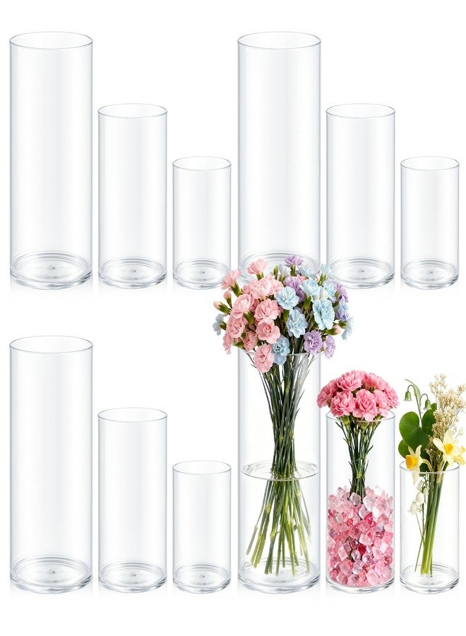 Exclaith 12 Pack Cylinder Vases for Centerpieces 4, 6, 8 Inch Tall Acrylic Cylinder Clear Flower Vase Set Home Decor Centerpiece Table Clear Flower Vase Decorations for Table Shelf, Party, Wedding - Image 1
